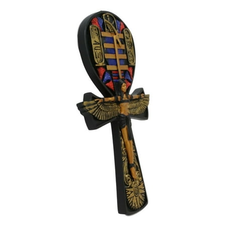 Gold Gold and black Egyptian Ankh Of Isis With Open Wings And Cartouche Hieroglyphs Wall Decor 3D Plaque Figurine 7.5\u201d